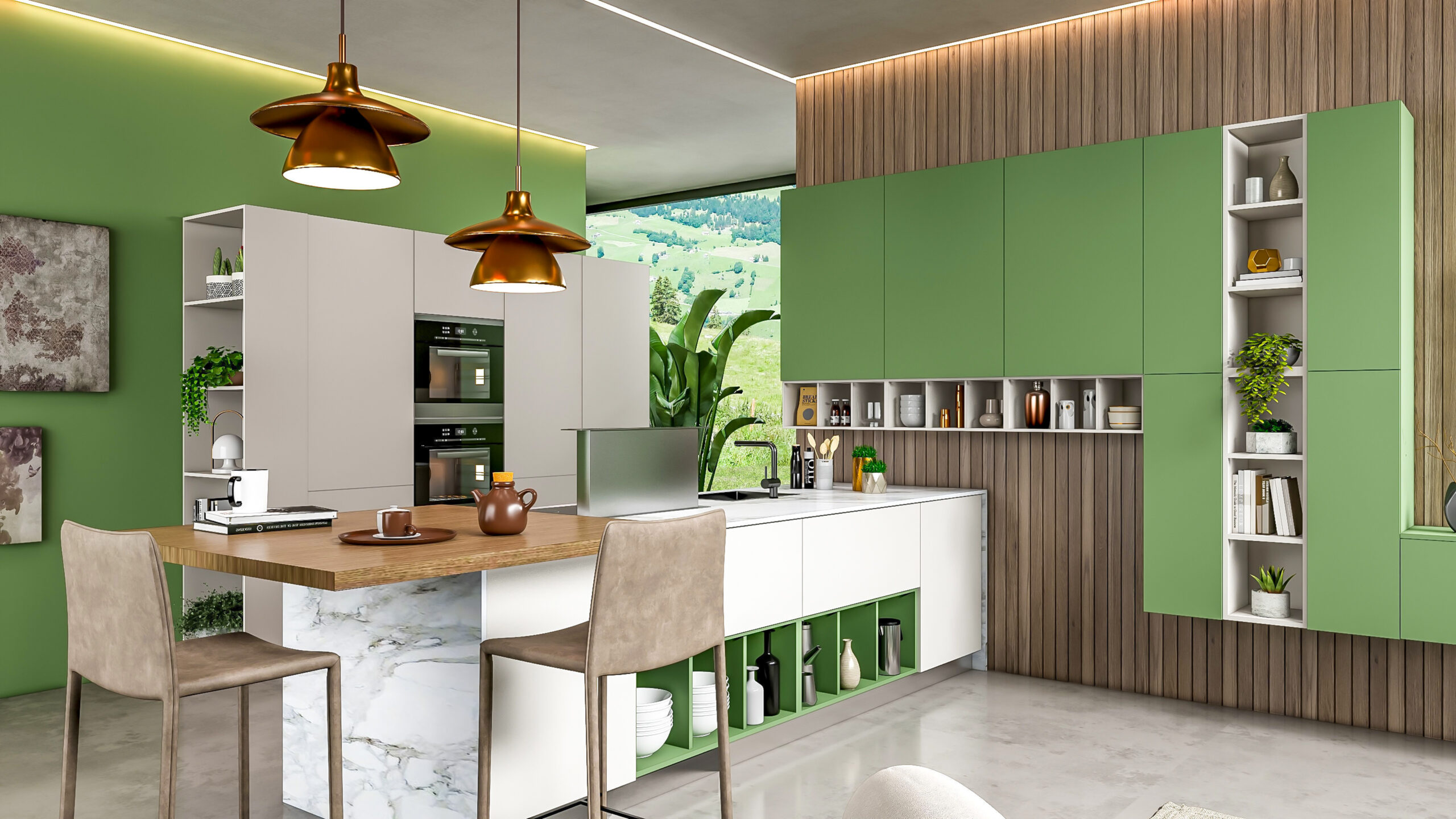 3d rendering modern kitchen with extend space dining table living room interior design