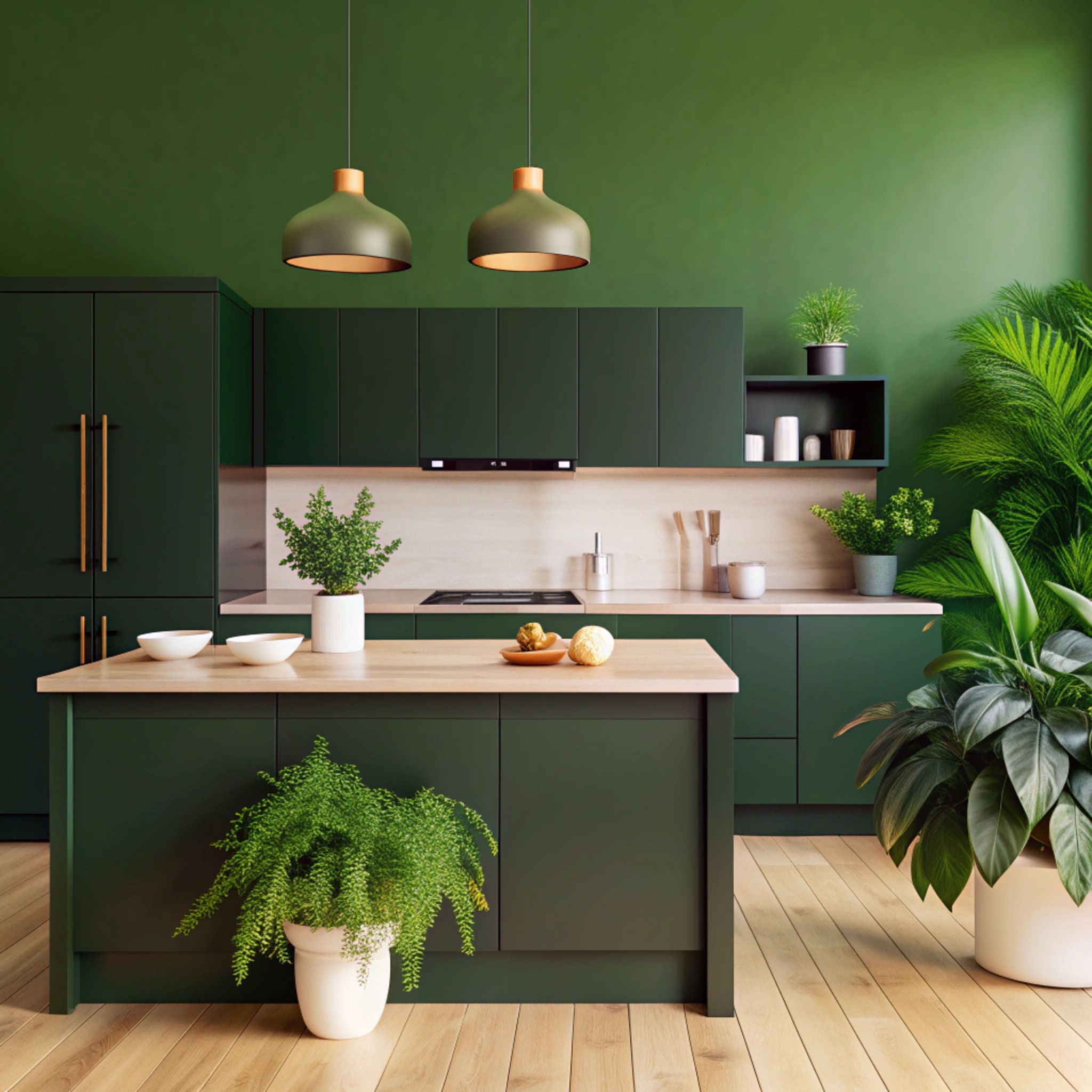 kitchen with green wall that says potted plants