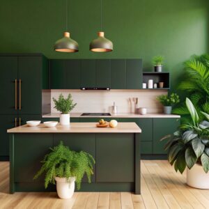 kitchen with green wall that says potted plants