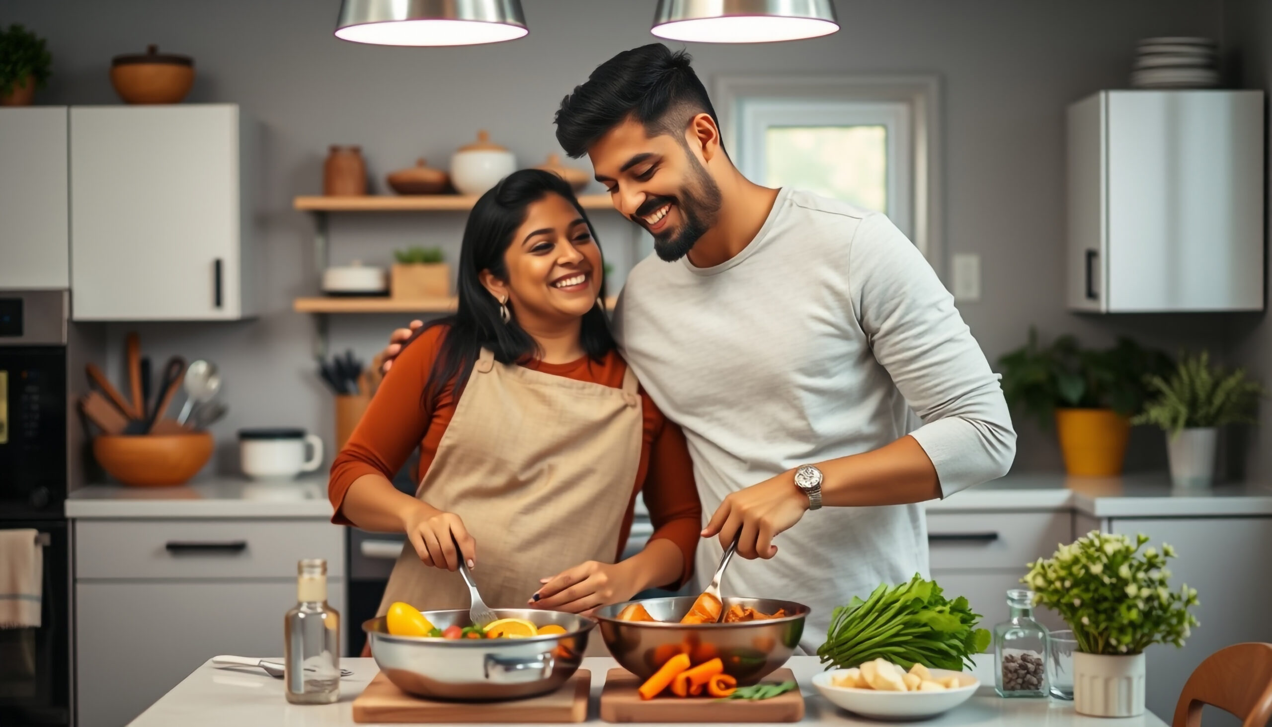 man woman are cooking together kitchen