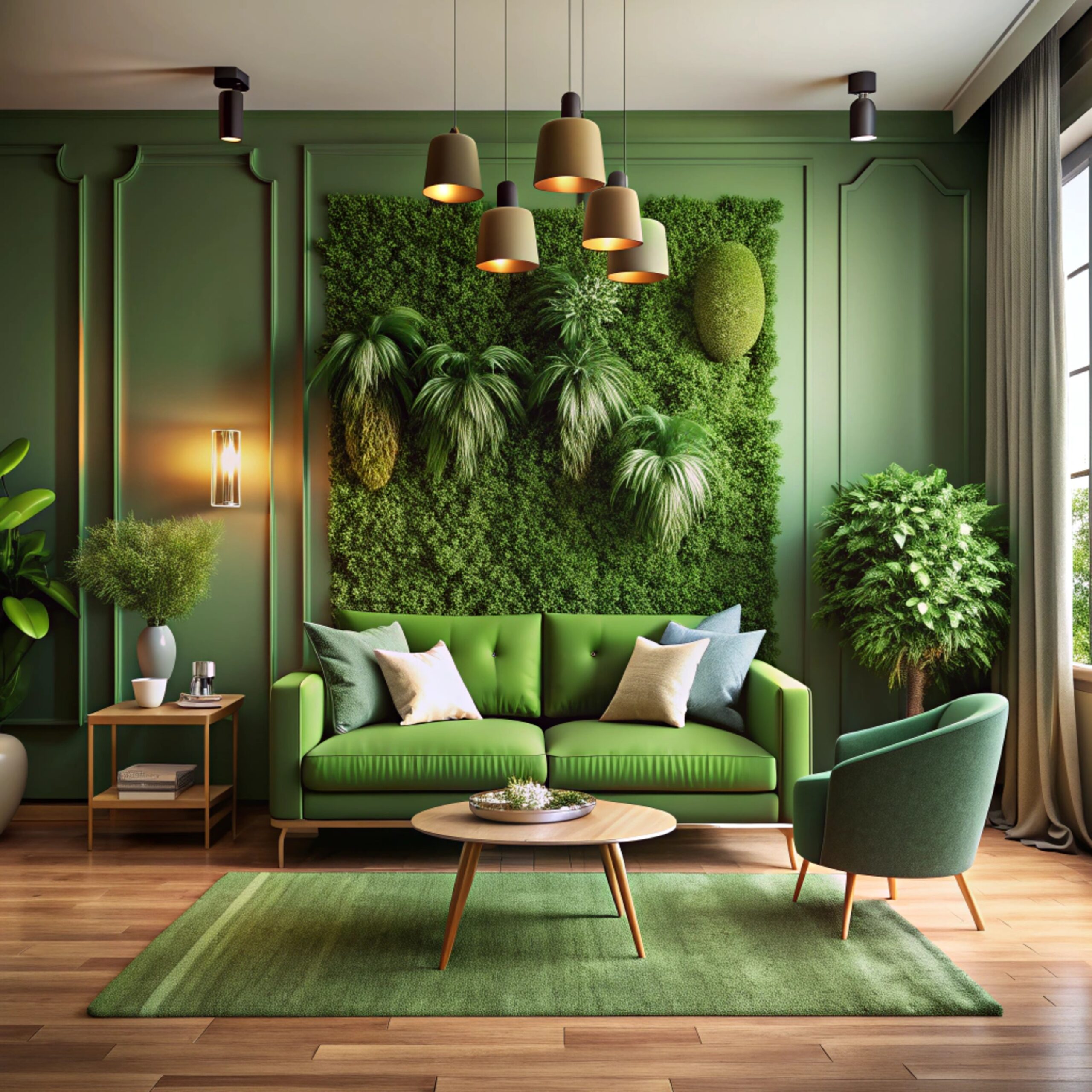 mock up green wall with green sofa and decor in living room.3d rendering