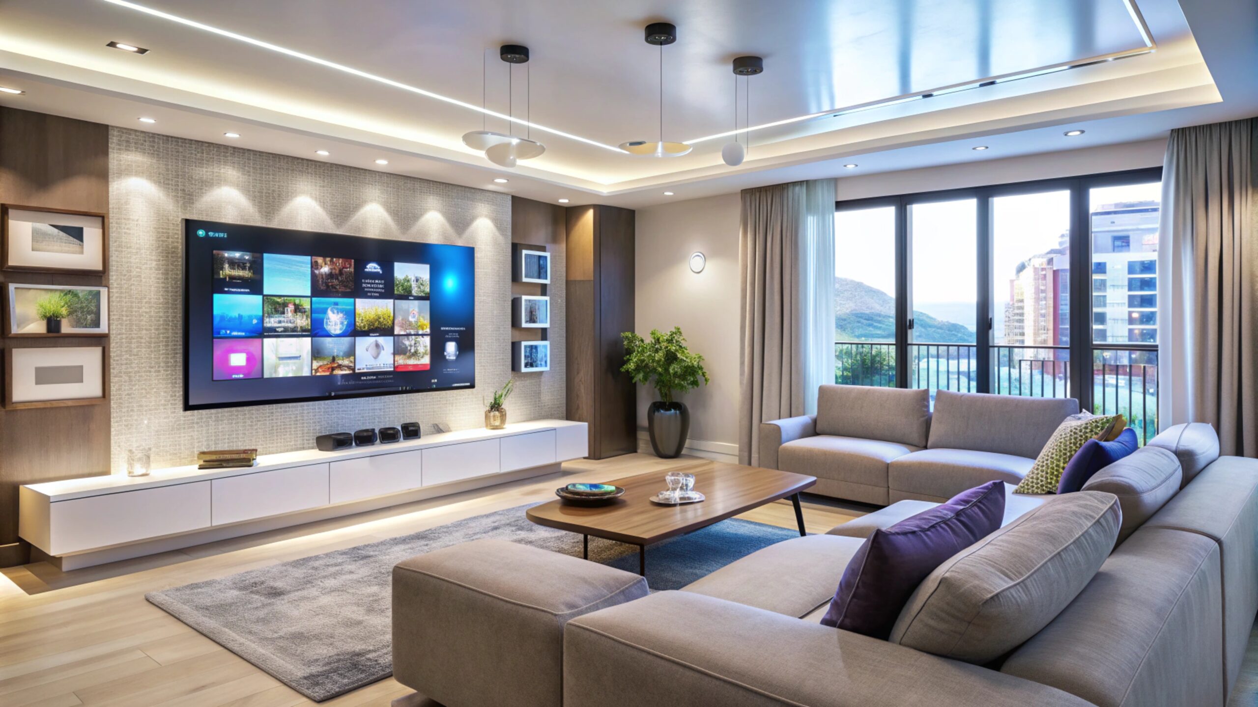 modern living room with large tv and comfortable sofa.