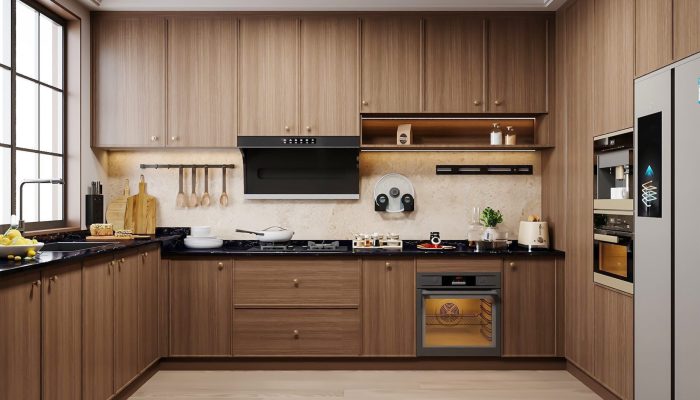 modern wood kitchen with builtin appliances black countertops warm lighting