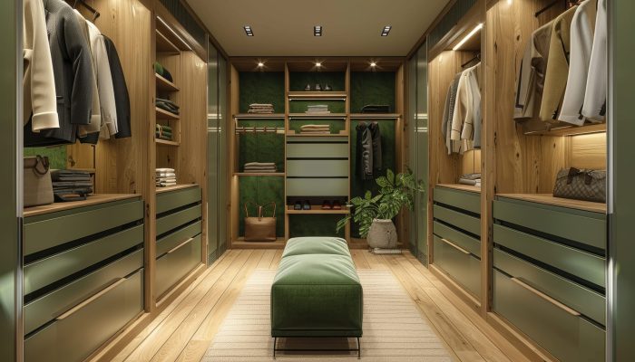 sleek modern walkin wardrobe concept highlighting green wood elements generative ai